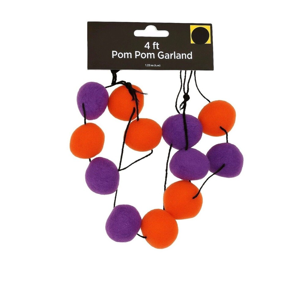 4 ft Orange Purple Pom Pom Garland Holiday Seasonal Fall Autumn Harvest Party